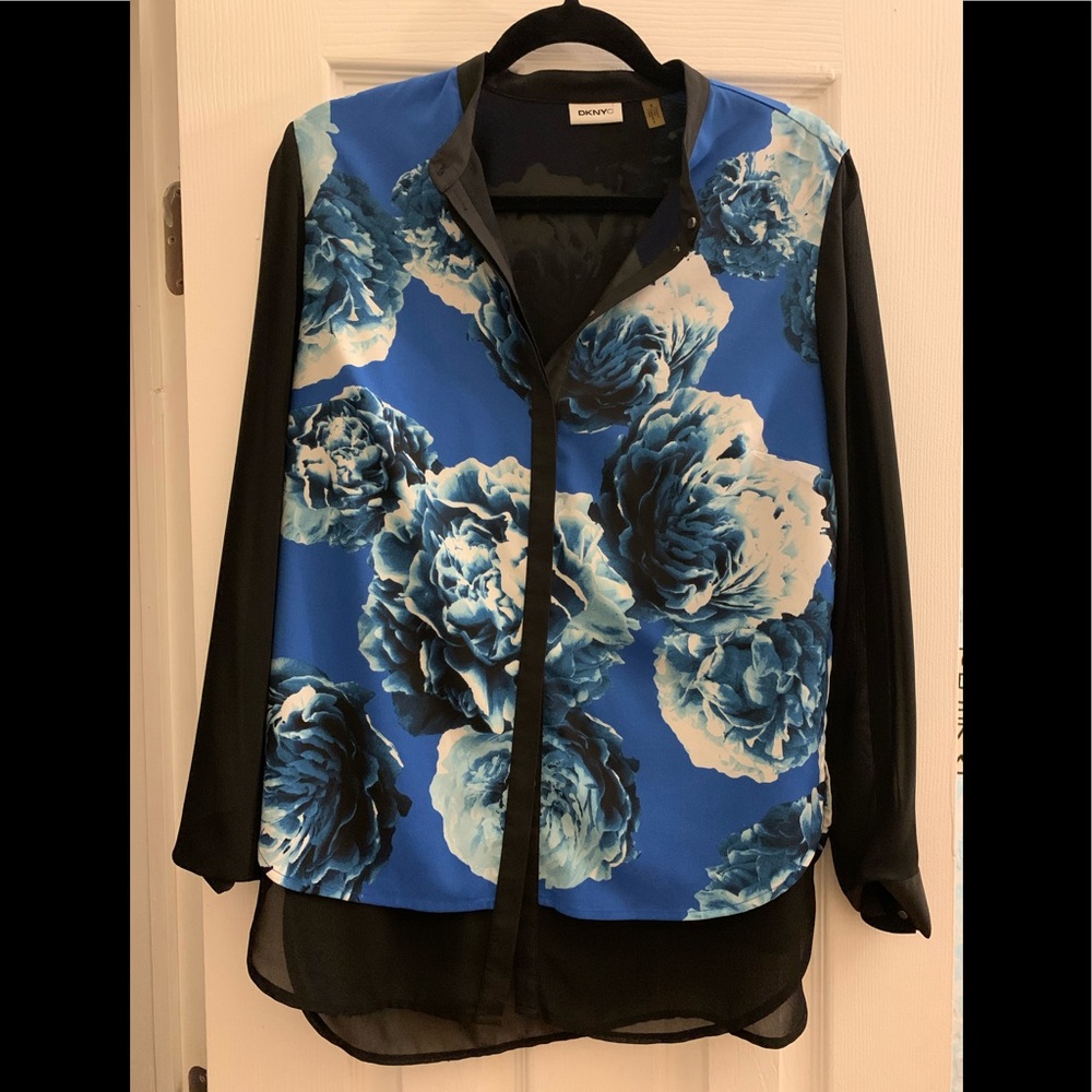 DKNY button down blouse with sheer sleeve